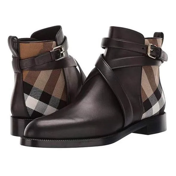2020 Men's Pu Leather Boots Buckle Design Plaid Ankle High Fashion  Boots  Casual Top Quality Low Heel Assorted Male Boots TV866