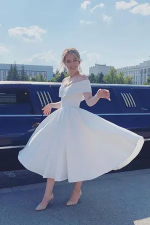 A Line Ankle Length Ivory Off-Shoulder Satin Short Wedding Dress TN294
