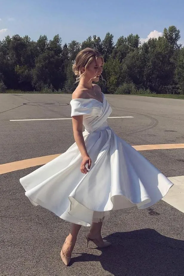 A Line Ankle Length Ivory Off-Shoulder Satin Short Wedding Dress TN294