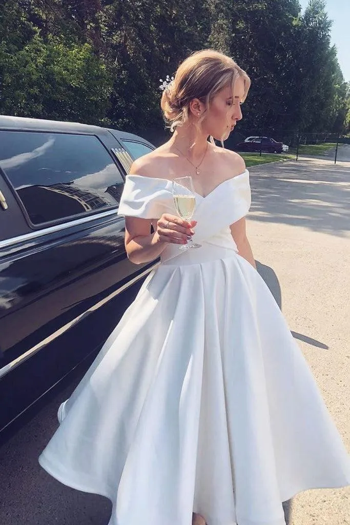 A Line Ankle Length Ivory Off-Shoulder Satin Short Wedding Dress TN294