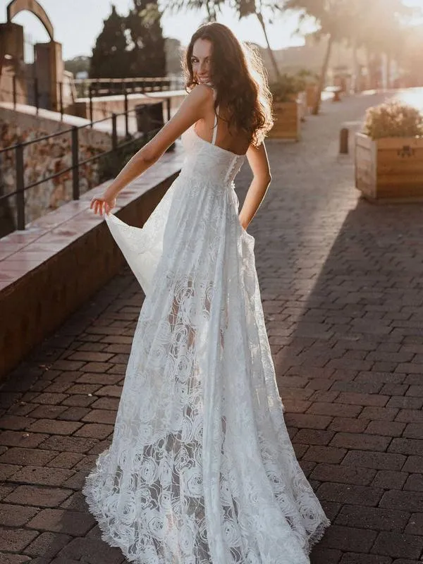 A-Line Lace Backless V-Neck Spaghetti Straps Lace Wedding Dress TN272