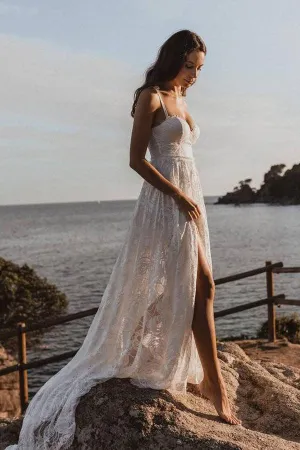 A-Line Lace Backless V-Neck Spaghetti Straps Lace Wedding Dress TN272