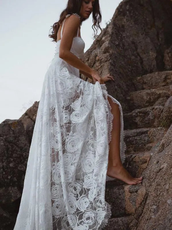 A-Line Lace Backless V-Neck Spaghetti Straps Lace Wedding Dress TN272