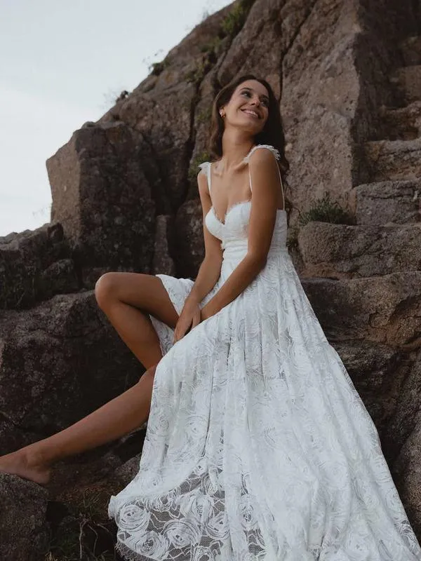 A-Line Lace Backless V-Neck Spaghetti Straps Lace Wedding Dress TN272