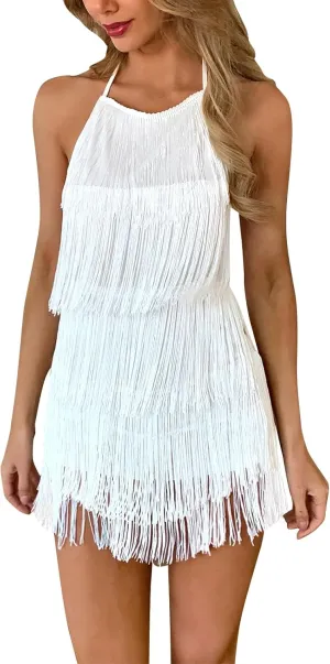 ABAFIP Women Halter Backless Fringe Mini Dress Layered Tassel Cocktail Concert Rave Party Mini Dance Dress