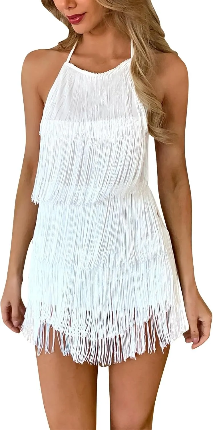 ABAFIP Women Halter Backless Fringe Mini Dress Layered Tassel Cocktail Concert Rave Party Mini Dance Dress