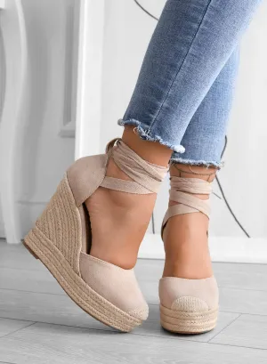 AMBRA - Beige espadrilles with rope and lace wedge