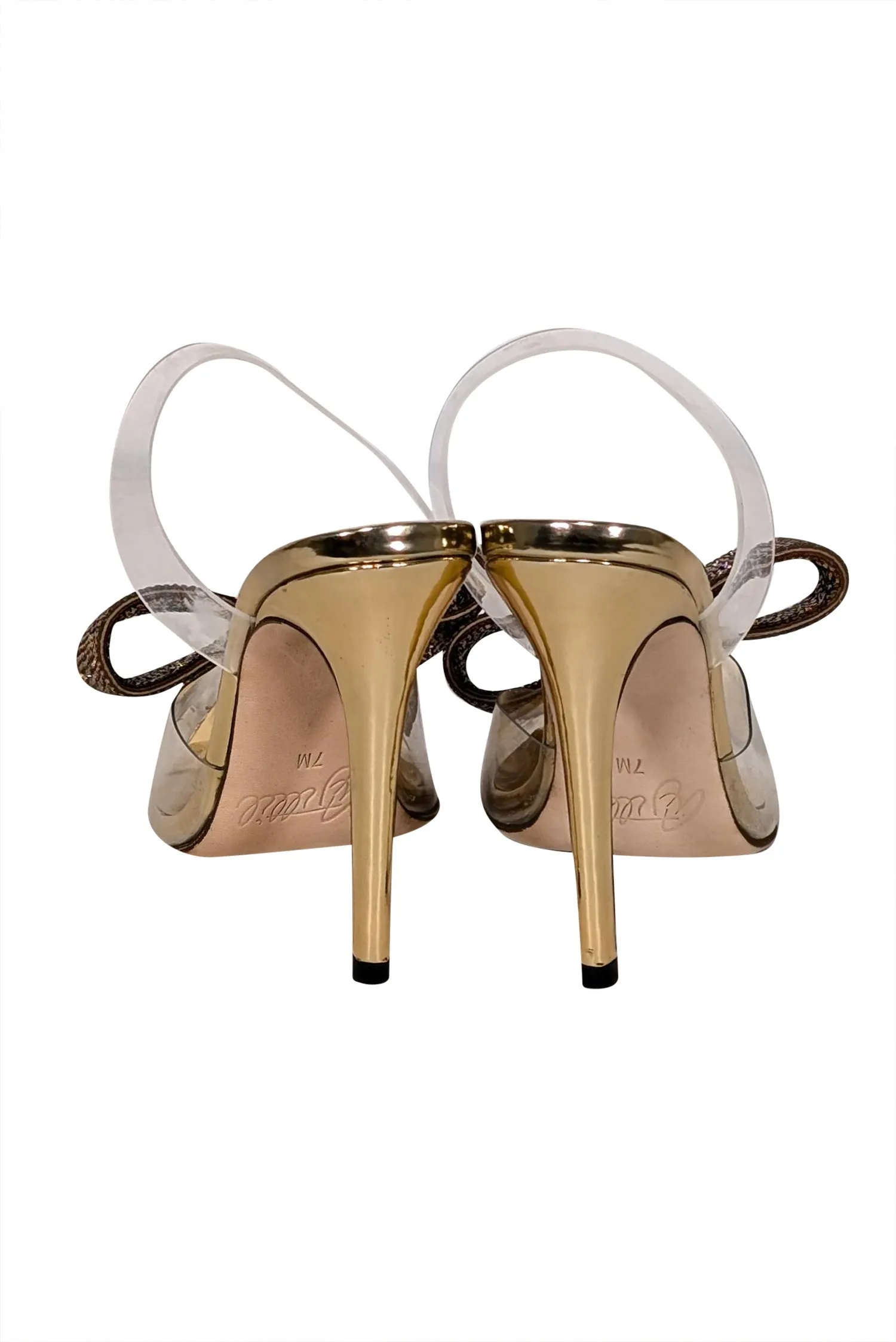 Aminah Abdul Jillil - Transparent "Aloral" Strappy Pumps w/ Gold Rhinestone Bow Sz 7