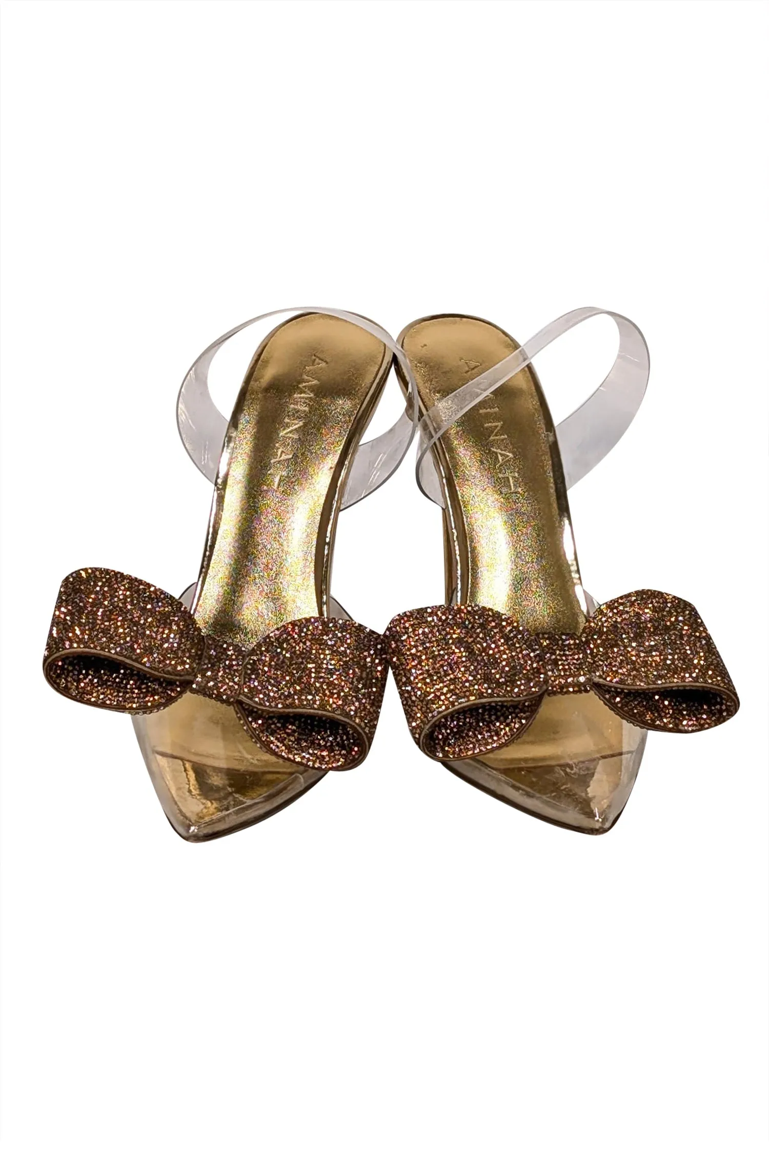 Aminah Abdul Jillil - Transparent "Aloral" Strappy Pumps w/ Gold Rhinestone Bow Sz 7