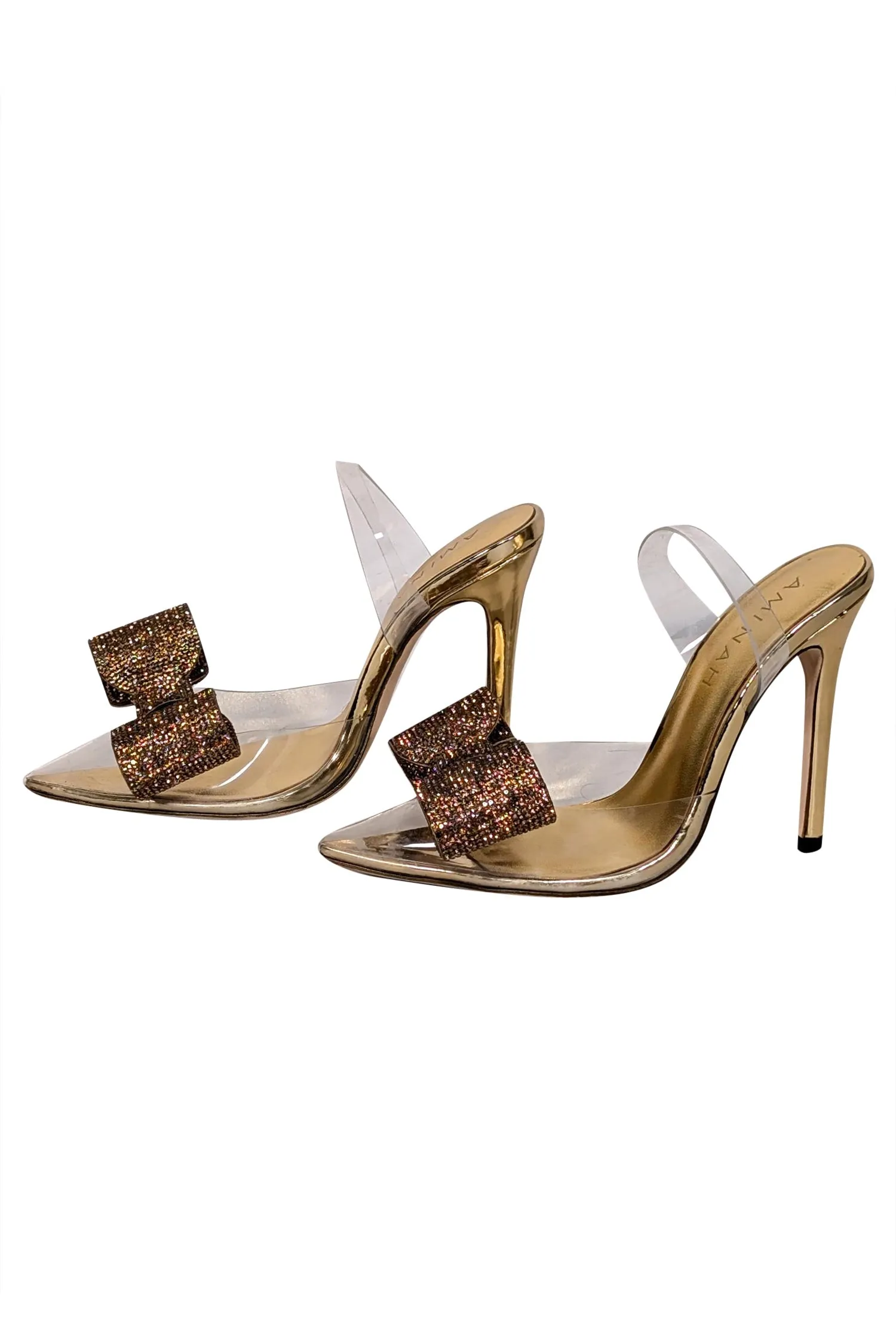 Aminah Abdul Jillil - Transparent "Aloral" Strappy Pumps w/ Gold Rhinestone Bow Sz 7