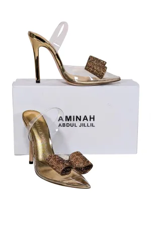 Aminah Abdul Jillil - Transparent "Aloral" Strappy Pumps w/ Gold Rhinestone Bow Sz 7