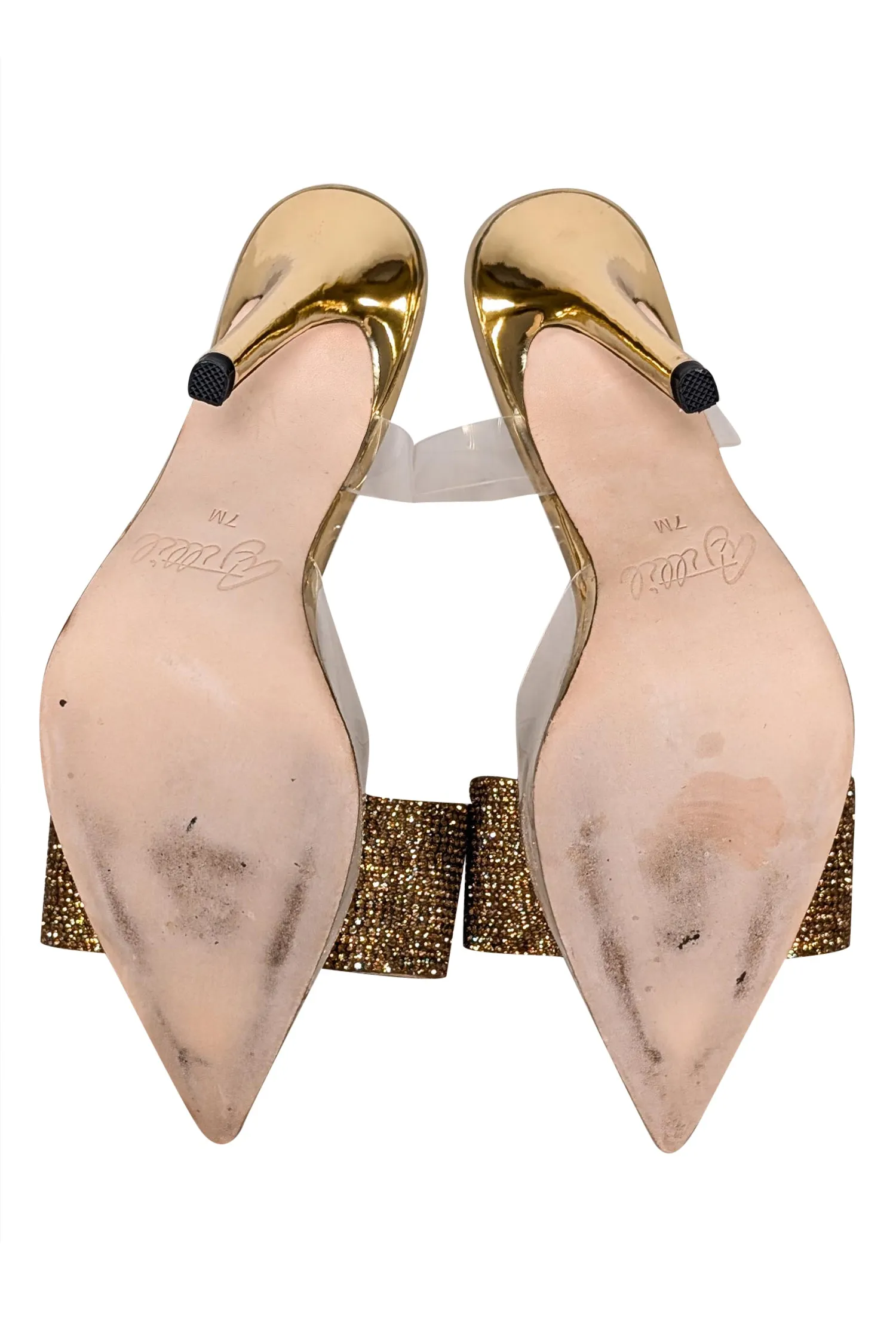 Aminah Abdul Jillil - Transparent "Aloral" Strappy Pumps w/ Gold Rhinestone Bow Sz 7