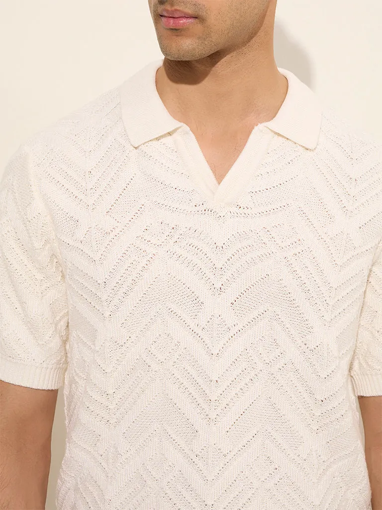 Ascot Off-White Chevron-Textured Relaxed-Fit Cotton-Blend T-Shirt