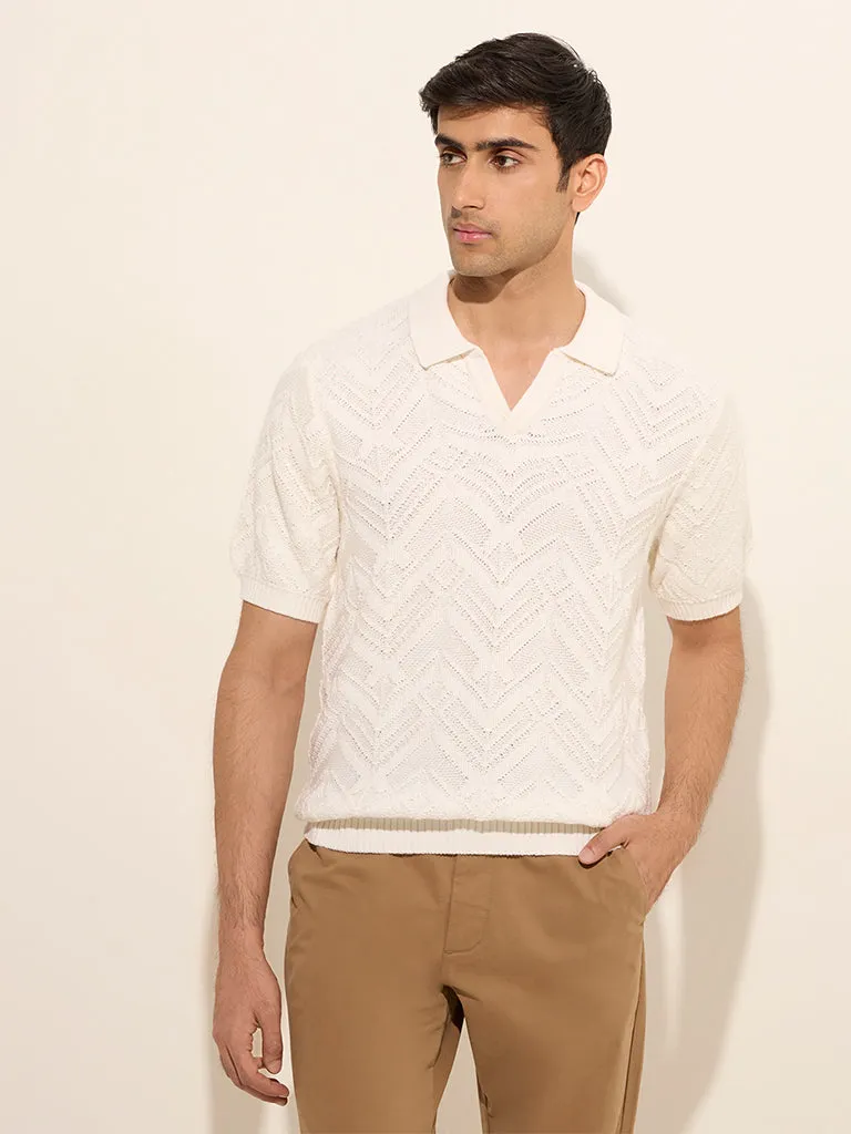 Ascot Off-White Chevron-Textured Relaxed-Fit Cotton-Blend T-Shirt