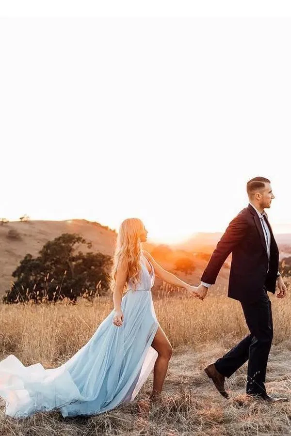 Beach Wedding Gown Split Sky Blue Rustic Wedding Dresses With Court Train TN336