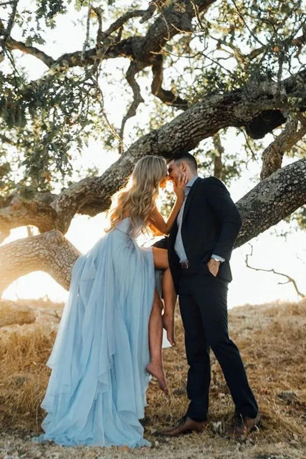 Beach Wedding Gown Split Sky Blue Rustic Wedding Dresses With Court Train TN336