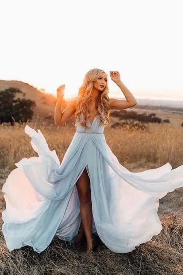 Beach Wedding Gown Split Sky Blue Rustic Wedding Dresses With Court Train TN336