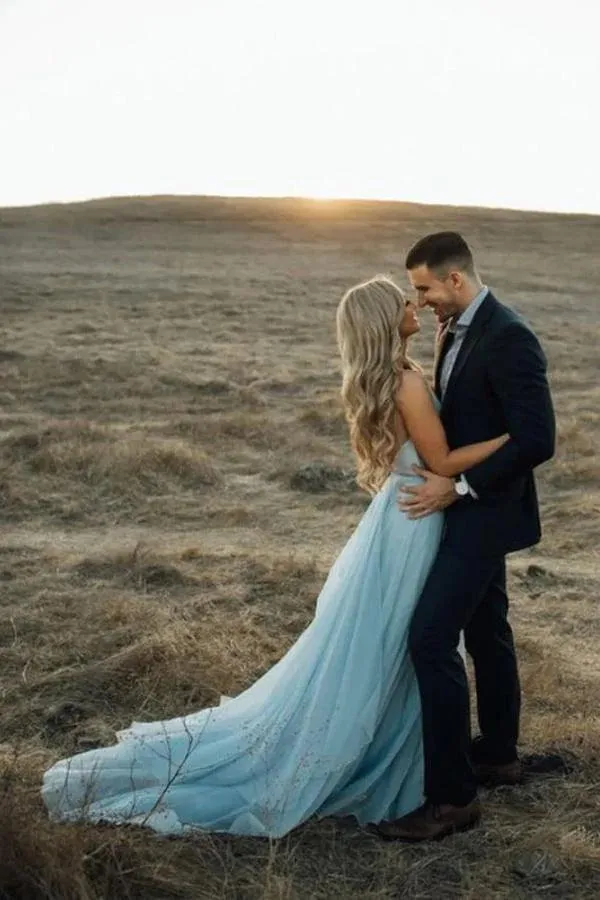 Beach Wedding Gown Split Sky Blue Rustic Wedding Dresses With Court Train TN336