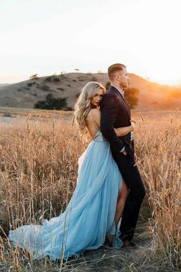 Beach Wedding Gown Split Sky Blue Rustic Wedding Dresses With Court Train TN336