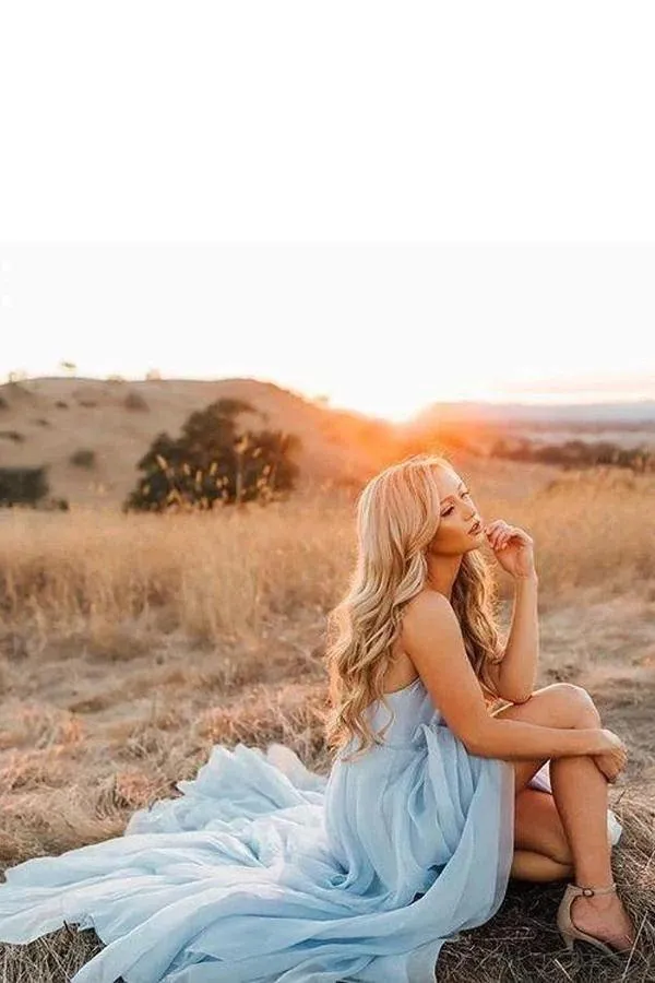 Beach Wedding Gown Split Sky Blue Rustic Wedding Dresses With Court Train TN336