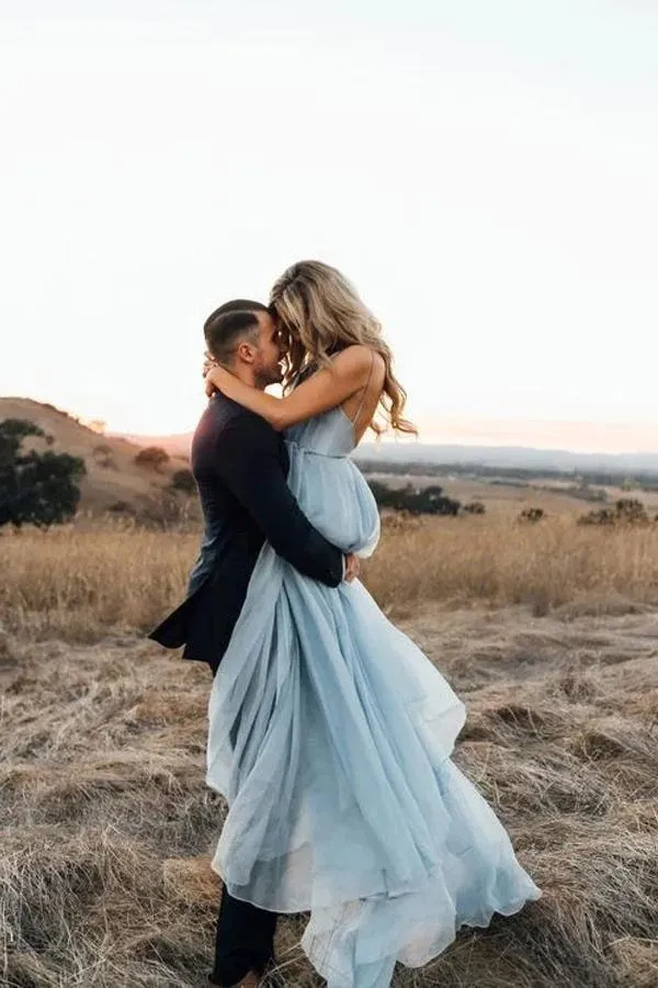 Beach Wedding Gown Split Sky Blue Rustic Wedding Dresses With Court Train TN336