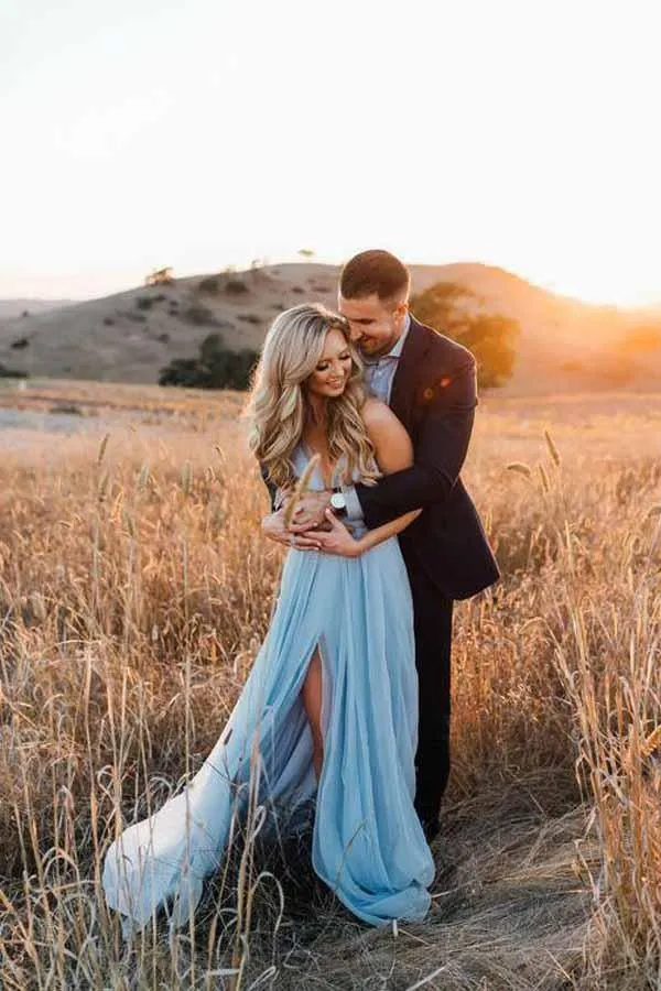 Beach Wedding Gown Split Sky Blue Rustic Wedding Dresses With Court Train TN336