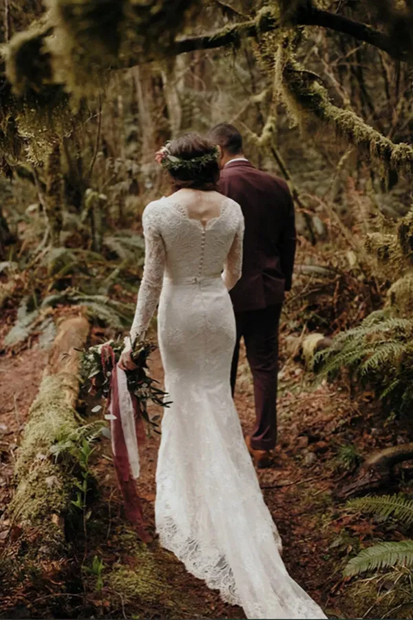 Beautiful Lace Mermaid Round Neck Long Sleeves Wedding Dresses TN355