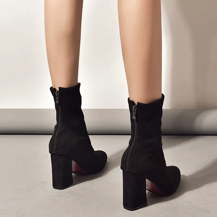 Black  Pointed Toe Suede Zipper Calf Boot