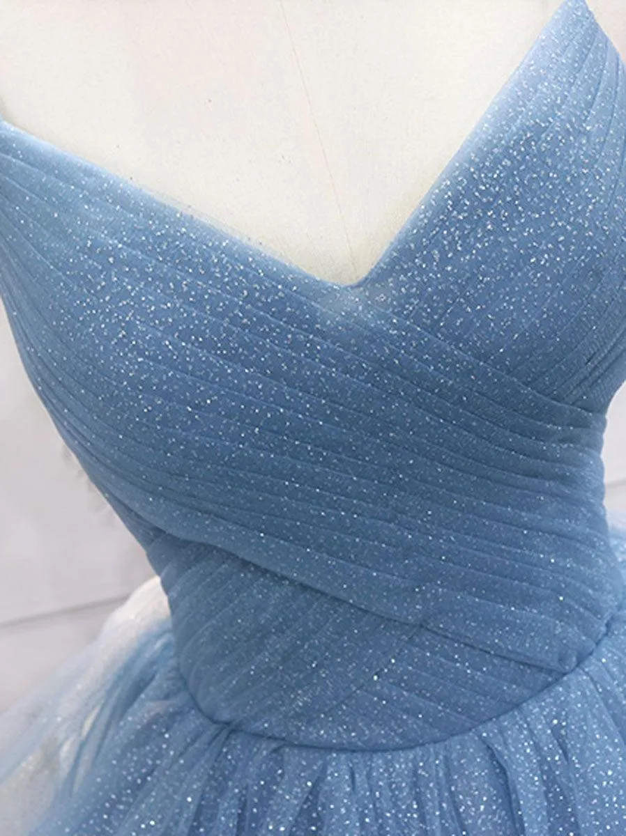 Blue Tulle Sequin Long Prom Dress Blue Tulle Formal Dress TP1143