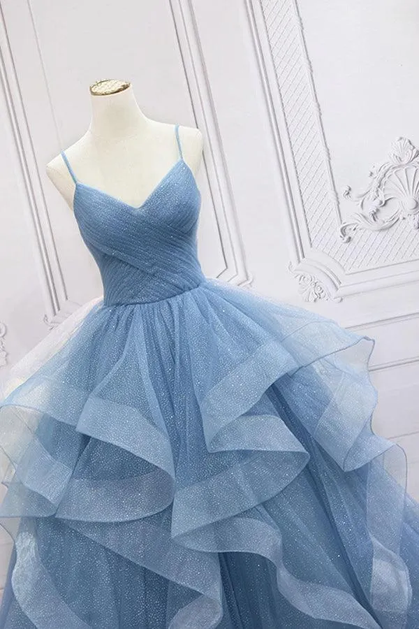 Blue Tulle Sequin Long Prom Dress Blue Tulle Formal Dress TP1143