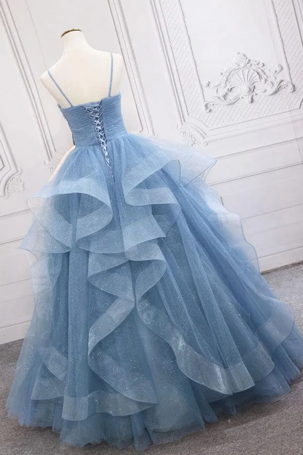 Blue Tulle Sequin Long Prom Dress Blue Tulle Formal Dress TP1143