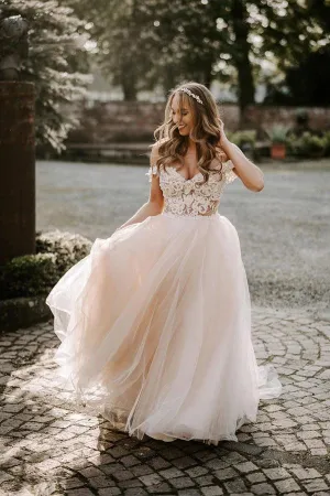 Boho Champagne A-line Off The Shoulder Wedding Dress Bridal Gown TN291