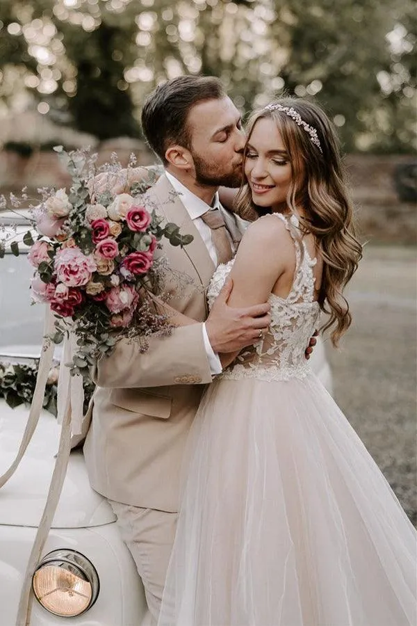 Boho Champagne A-line Off The Shoulder Wedding Dress Bridal Gown TN291