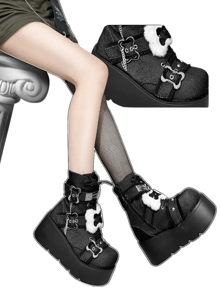 Bone Short Denim Toe Round Small Boots Platform