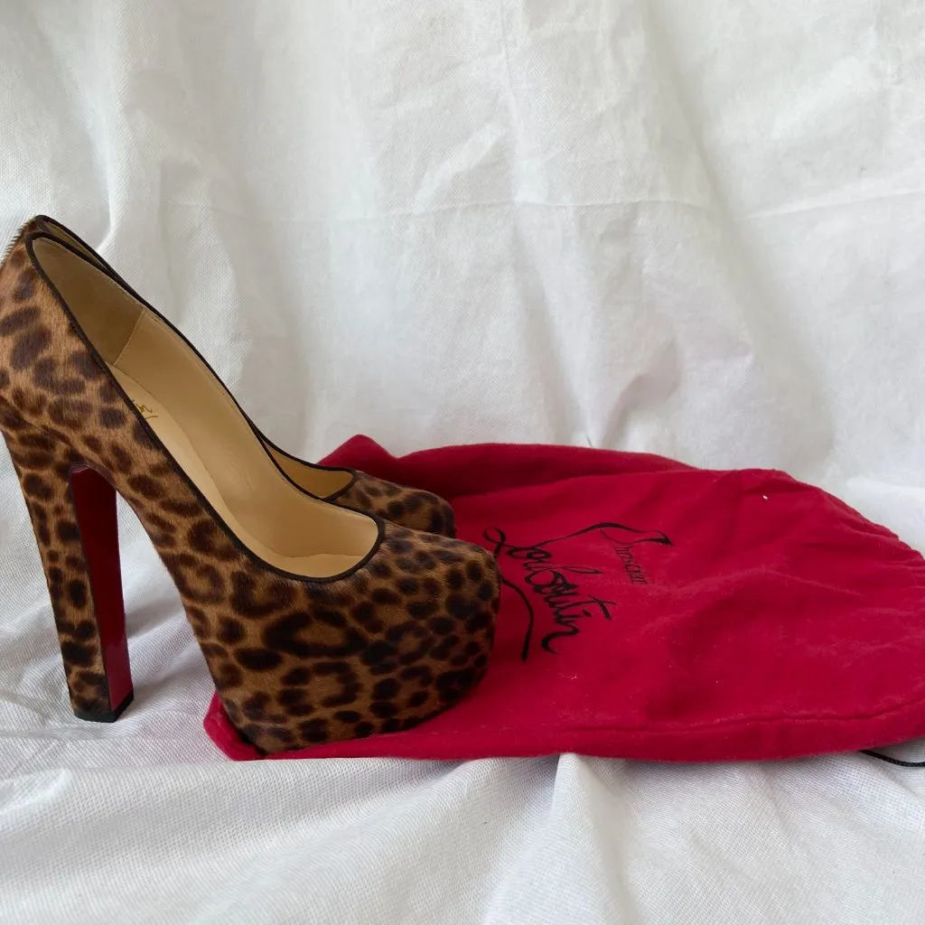 Christian Louboutin Brown Leopard Print Calf Hair Bianca Platform Pumps, women's 36