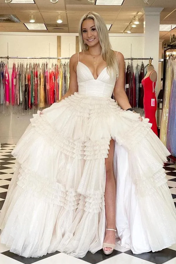Elegant Tulle Ball Gown V Neck Side Split Layered Long Prom Dress TP1190