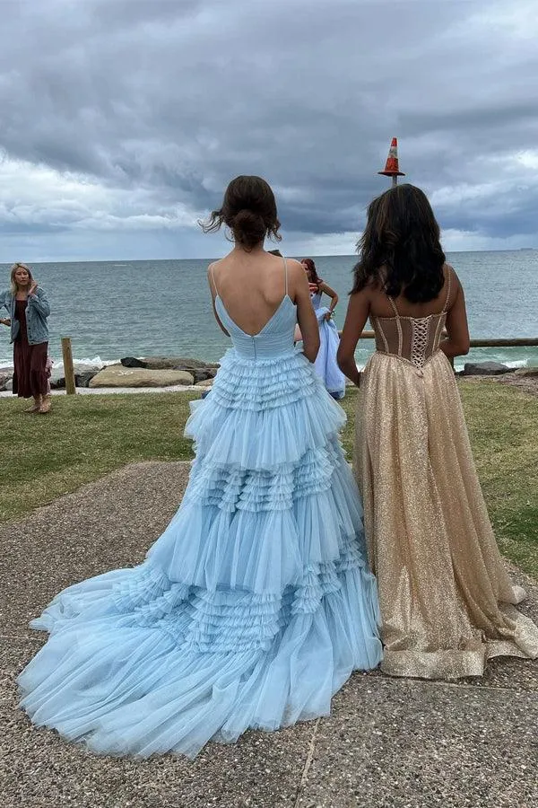 Elegant Tulle Ball Gown V Neck Side Split Layered Long Prom Dress TP1190
