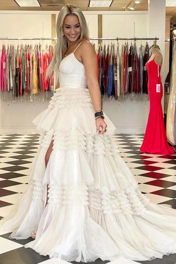 Elegant Tulle Ball Gown V Neck Side Split Layered Long Prom Dress TP1190