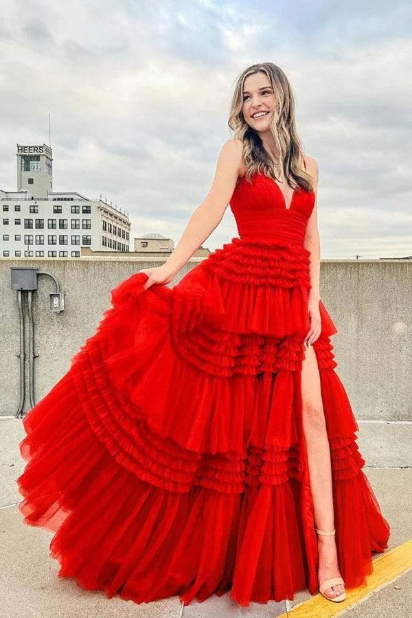 Elegant Tulle Ball Gown V Neck Side Split Layered Long Prom Dress TP1190
