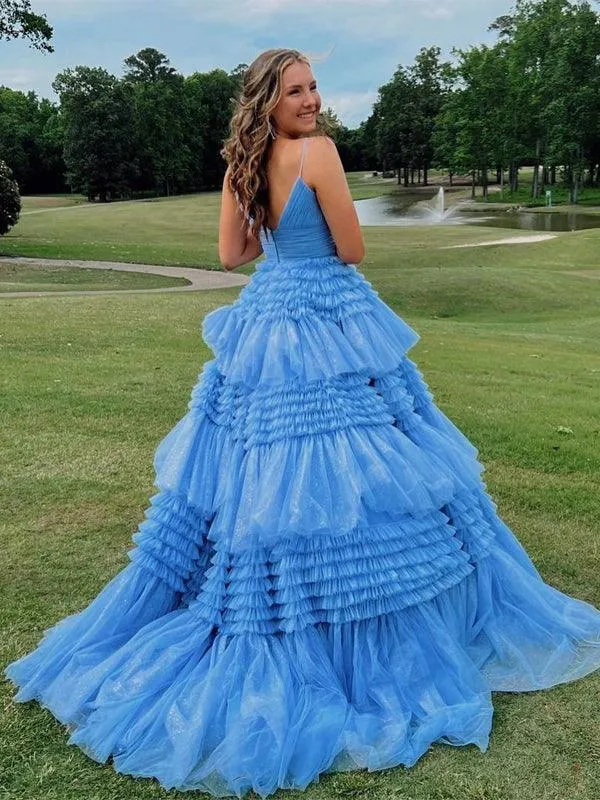 Elegant Tulle Ball Gown V Neck Side Split Layered Long Prom Dress TP1190
