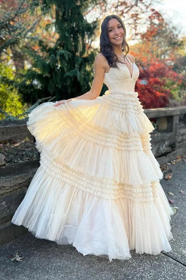 Elegant Tulle Ball Gown V Neck Side Split Layered Long Prom Dress TP1190