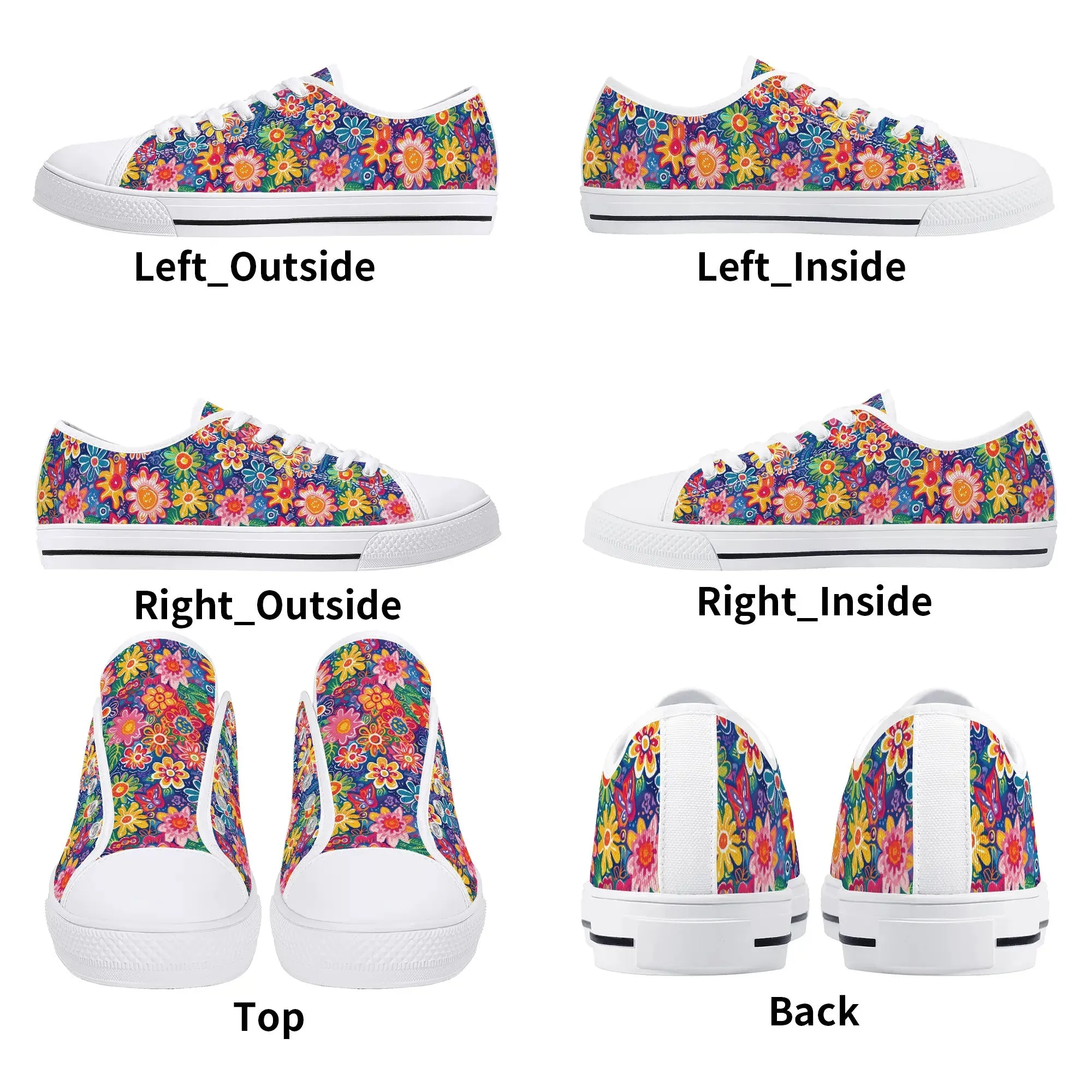Fluttering Kaleidoscope: Vibrant Multicolor Flowers and Butterflies in Flight Womens Low Top Canvas Sneakers US5.5 - US12