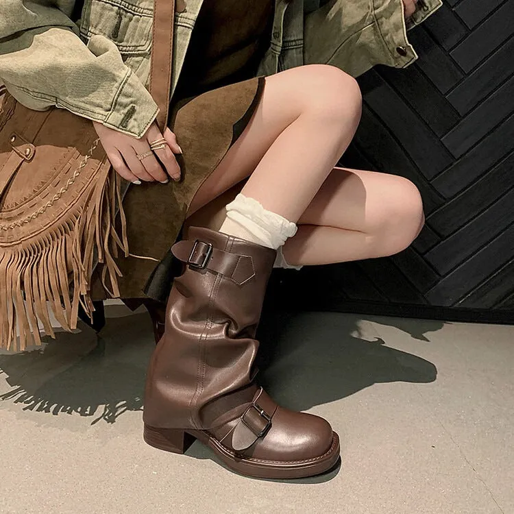 French Vintage Belt Buckle Detail Round-Toe Chunky Heel Boots