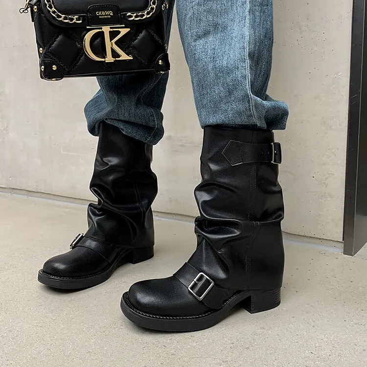 French Vintage Belt Buckle Detail Round-Toe Chunky Heel Boots