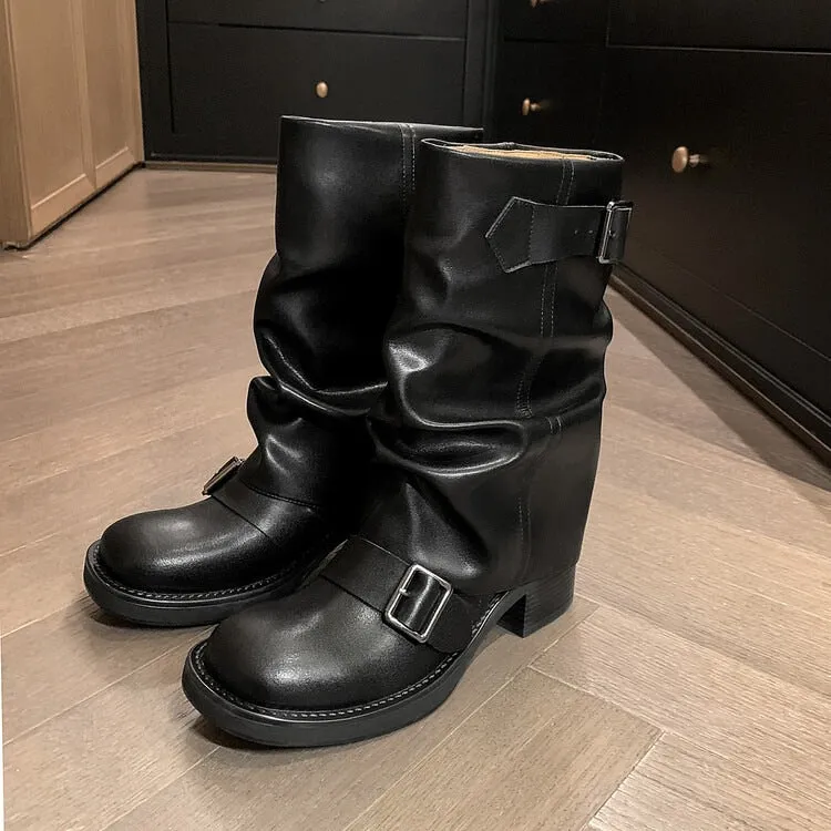 French Vintage Belt Buckle Detail Round-Toe Chunky Heel Boots