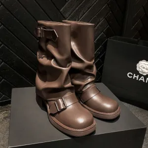 French Vintage Belt Buckle Detail Round-Toe Chunky Heel Boots