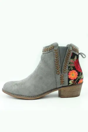Grey Suede Embroidery BO-HO Chic Ankle Boots