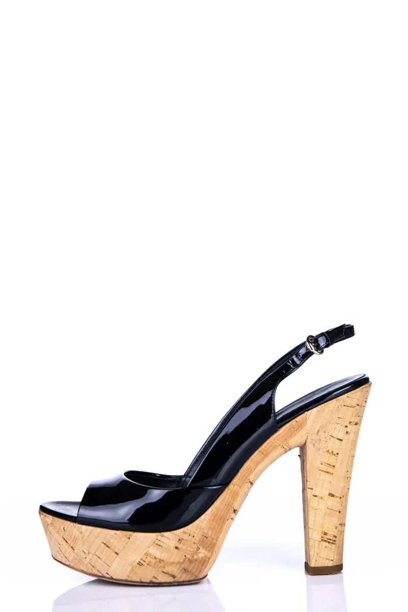 Gucci Black Patent Leather Cork Slingback Pumps Size 8 | EU 38