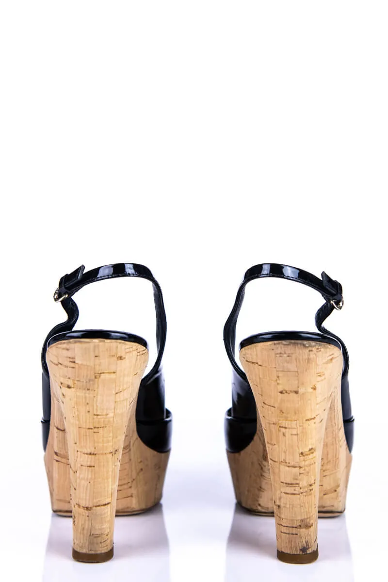 Gucci Black Patent Leather Cork Slingback Pumps Size 8 | EU 38