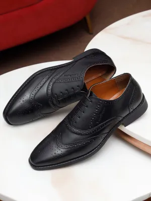 Jet Black Italian Leather Wingtip Brogue Shoes